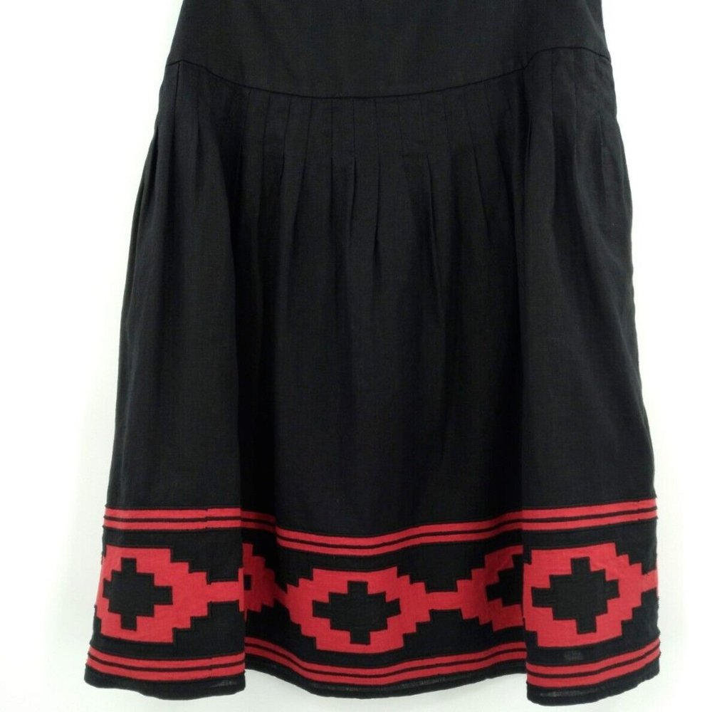 Lauren Ralph Lauren Black Pleated 100% Linen Aztec Red Border Skirt Sz 8